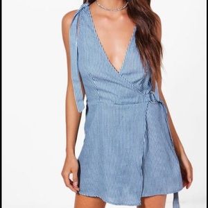 Boohoo Lottie Tie Shoulder Denim Playsuit